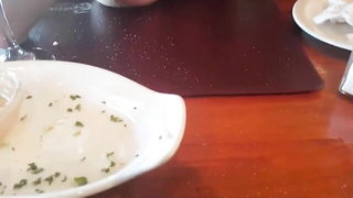Busty MILF flashes in restaurant hardcore porn