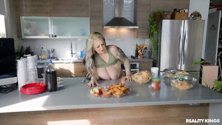 Pregnant blonde MILF kitchen tease uncensored